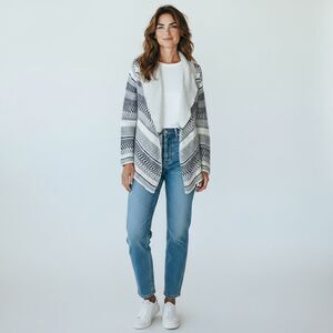 White Gray and Navy Blue Long Sleeve Open Cardigan Sweater Cotton Sweater size M